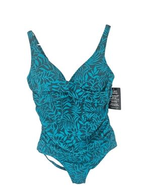 Swimsuits For All Teal Blue Tropical Print Blouson One Piece Swimsuit Size 14